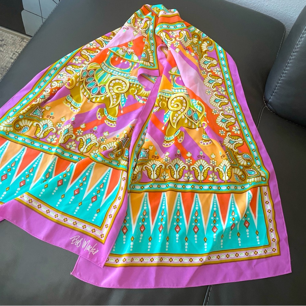 VTG Bob Mackie Silk Scarf Wearable Art Elephant Purple Teal Coral Gold 66" X 21"